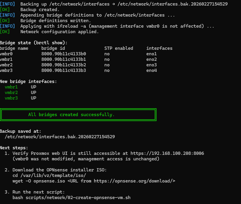 Proxmox brctl show output confirming all four network bridges created: vmbr0, vmbr1, vmbr2, vmbr3