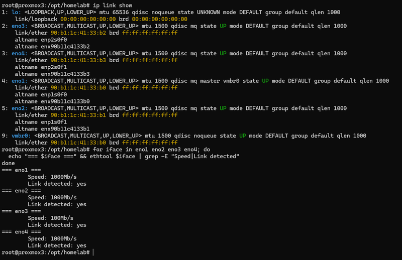 Proxmox host terminal: ip link show listing all four physical NICs before bridge assignment