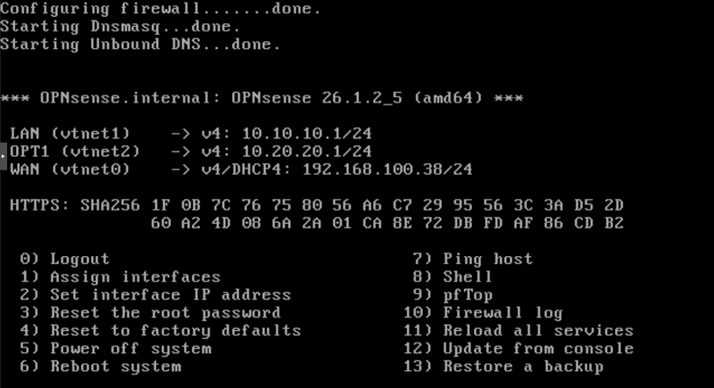 OPNsense console main menu showing LAN vtnet1 at 10.10.10.1/24 and OPT1 vtnet2 at 10.20.20.1/24 with WAN on DHCP