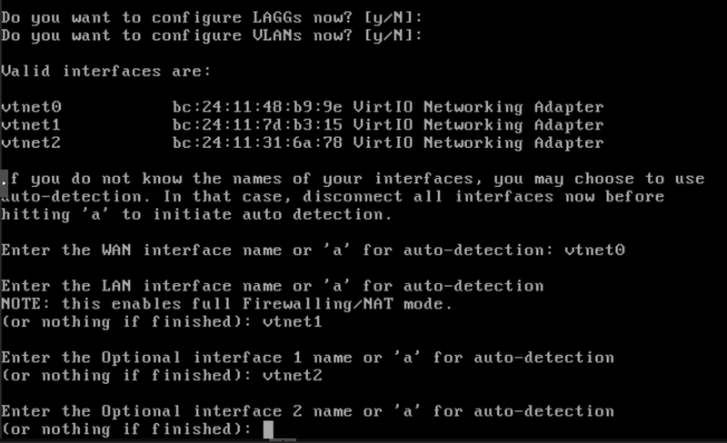 OPNsense first-boot console showing vtnet0, vtnet1, vtnet2 interface assignment to WAN, LAN, and OPT1