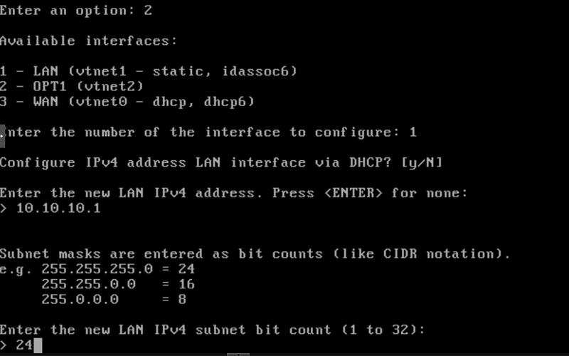OPNsense console Set Interface IP Address screen showing LAN IP 10.10.10.1 with subnet 24 being entered