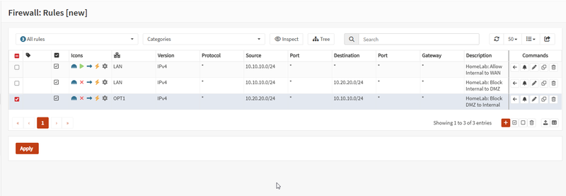 OPNsense Firewall Rules page showing all three rules: Allow Internal to WAN, Block Internal to DMZ, Block DMZ to Internal