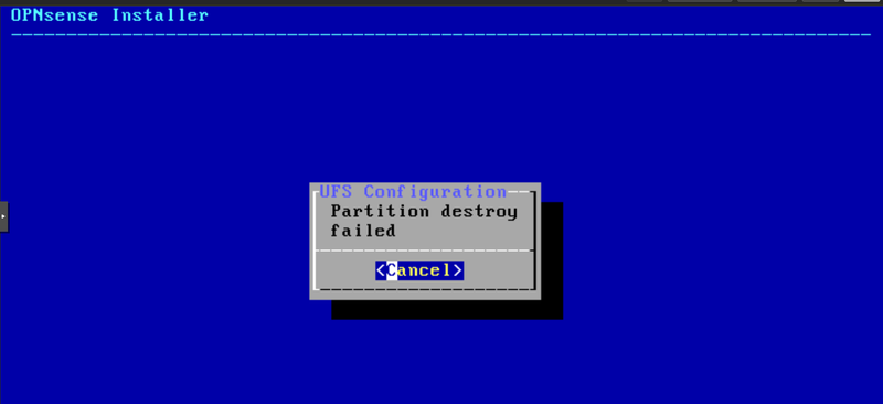 OPNsense installer showing Auto UFS partitioning failure on a blank disk