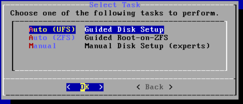 OPNsense installer showing Auto UFS option after GPT initialization