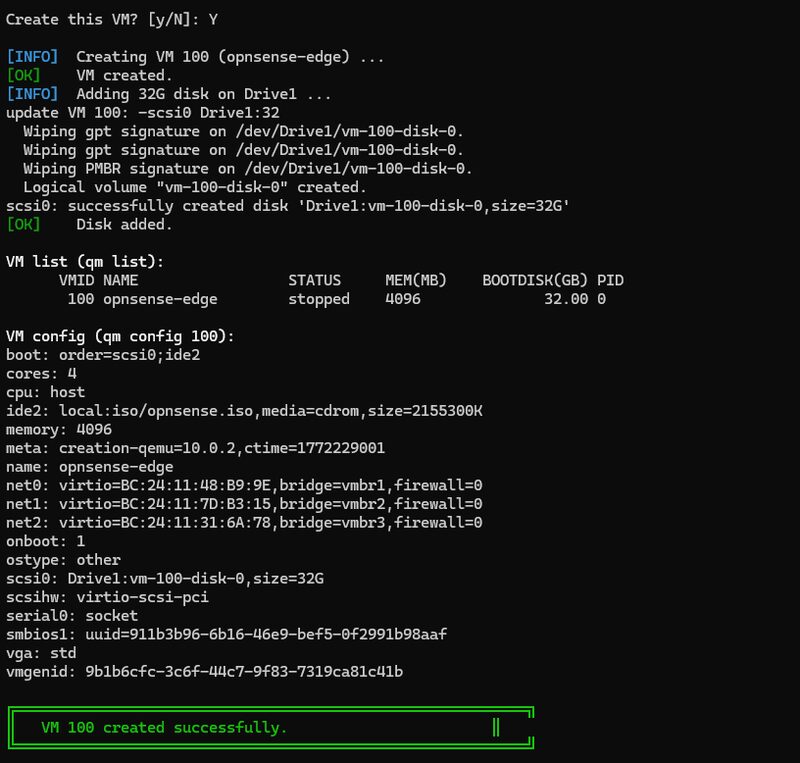 Proxmox VM list showing the OPNsense VM entry with status stopped