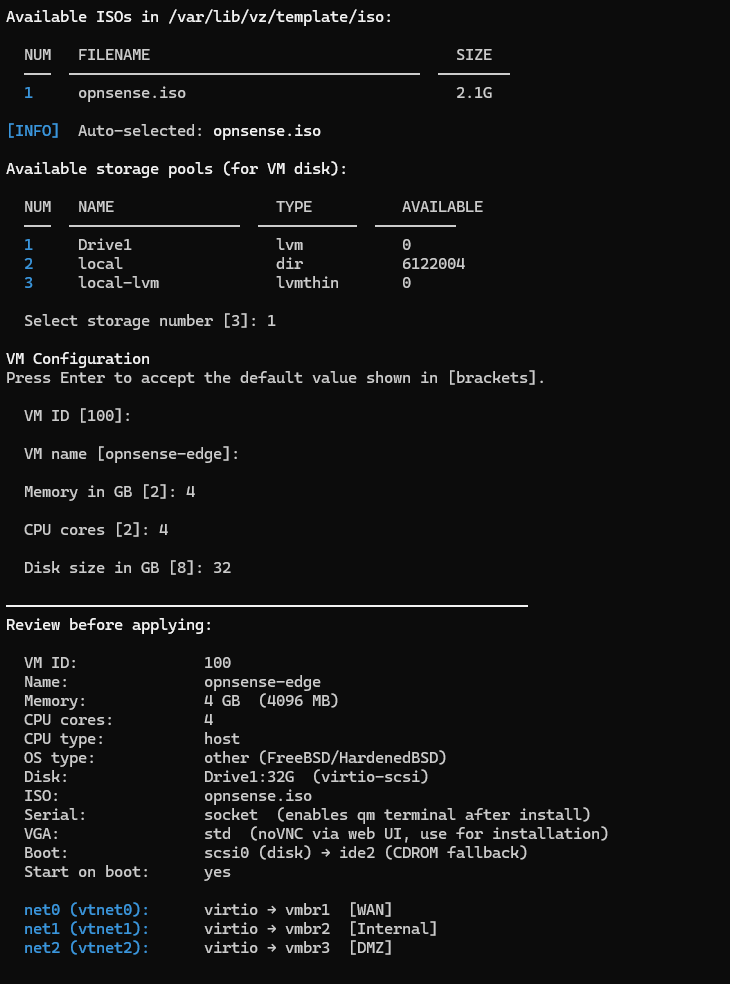 Proxmox terminal: OPNsense VM creation script running, selecting ISO and storage for the firewall VM