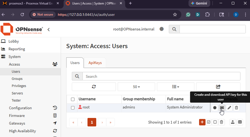 OPNsense System Access Users page showing the Create and download API key button for the admin user