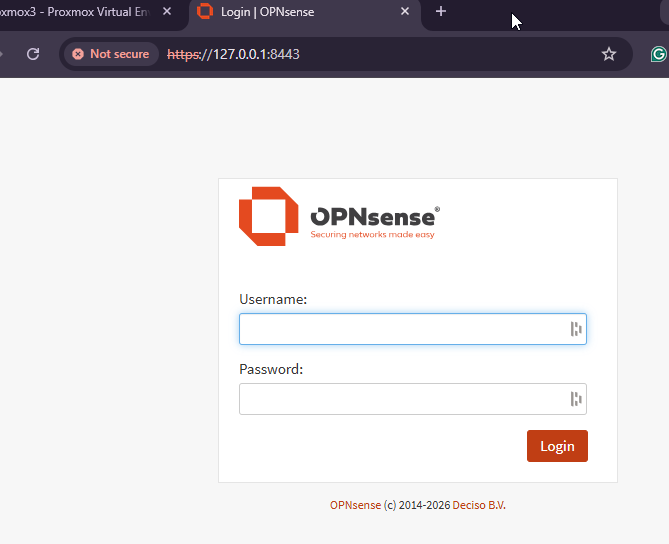 OPNsense login page at https://127.0.0.1:8443 shown in browser via SSH tunnel
