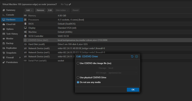 Proxmox VM Hardware panel showing the Edit CD/DVD Drive dialog with Do not use any media selected