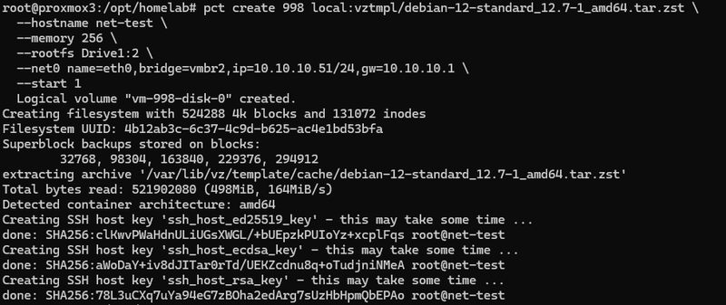Proxmox terminal: pct create test container on vmbr2 to verify OPNsense firewall routing